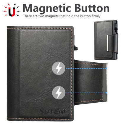 Suteni oil wax-patterned left and right buckle buttons automatically pop out the card box(Black) - Adhesive Card Holders by Suteni | Online Shopping UK | buy2fix