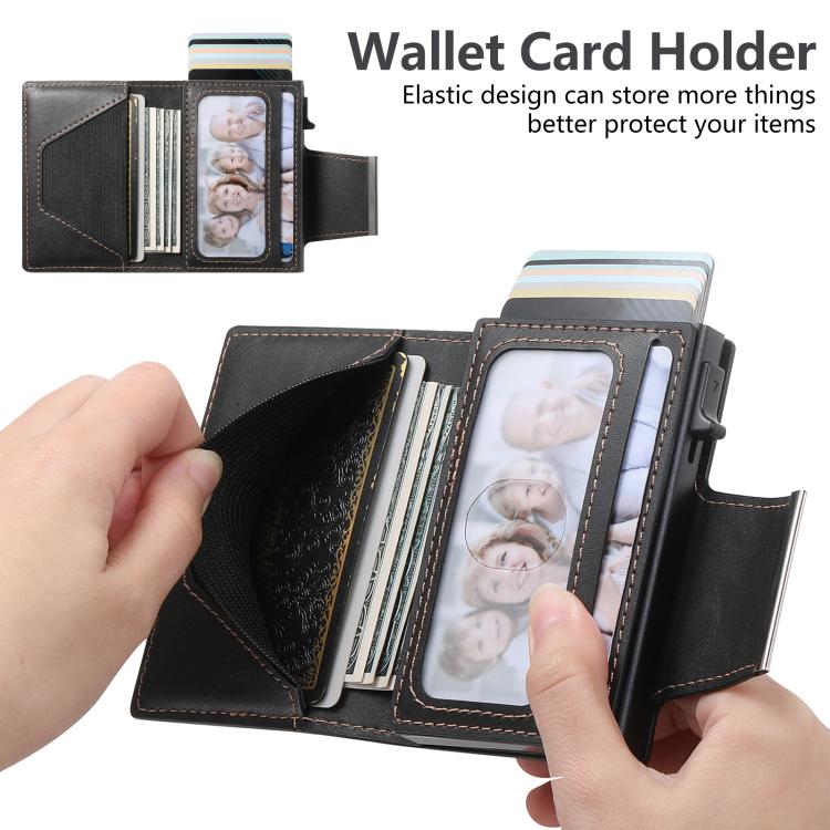 Suteni oil wax-patterned left and right buckle buttons automatically pop out the card box(Black) - Adhesive Card Holders by Suteni | Online Shopping UK | buy2fix