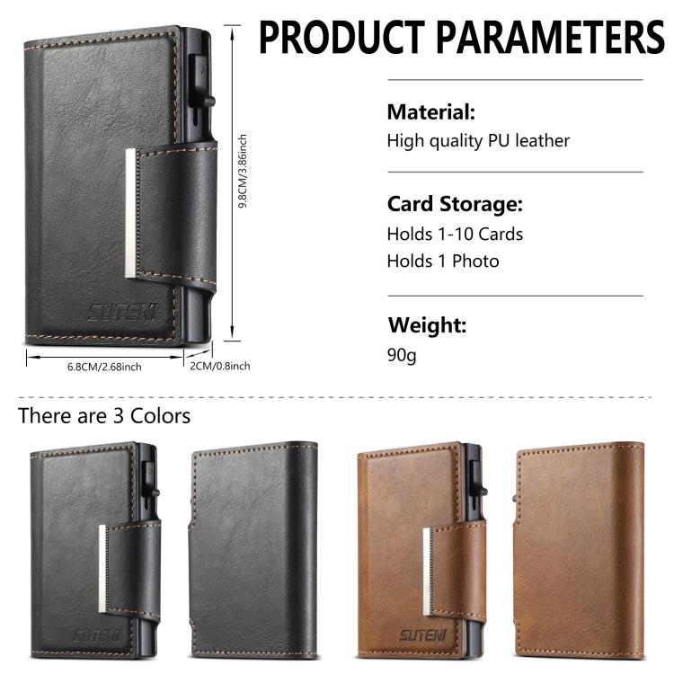 Suteni oil wax-patterned left and right buckle buttons automatically pop out the card box(Black) - Adhesive Card Holders by Suteni | Online Shopping UK | buy2fix