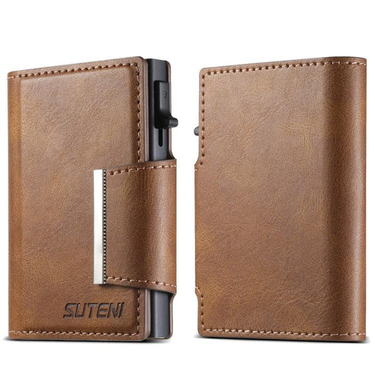 Suteni oil wax-patterned left and right buckle buttons automatically pop out the card box(Brown) - Adhesive Card Holders by Suteni | Online Shopping UK | buy2fix