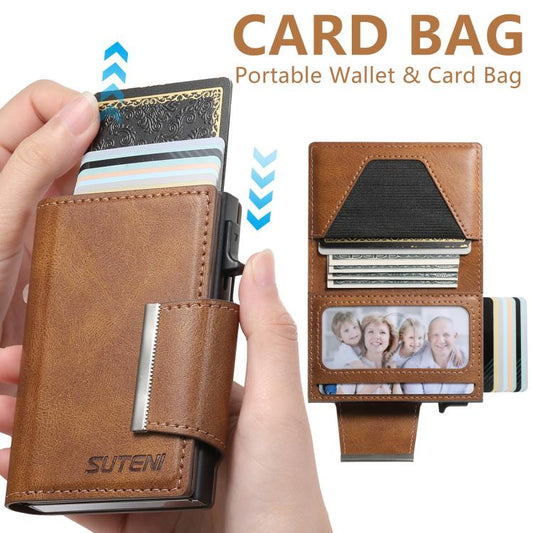 Suteni oil wax-patterned left and right buckle buttons automatically pop out the card box(Brown) - Adhesive Card Holders by Suteni | Online Shopping UK | buy2fix