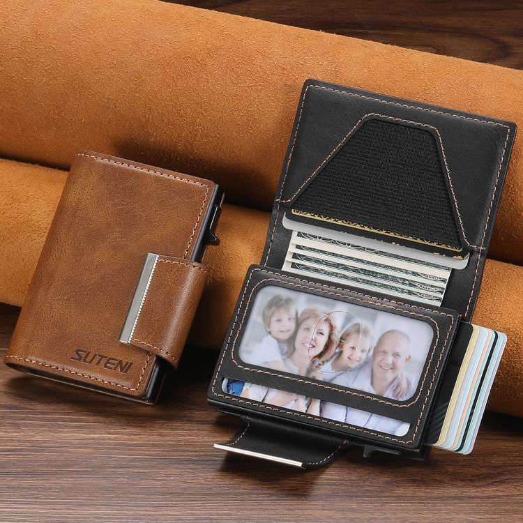 Suteni oil wax-patterned left and right buckle buttons automatically pop out the card box(Black) - Adhesive Card Holders by Suteni | Online Shopping UK | buy2fix