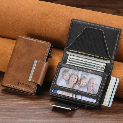 Suteni oil wax-patterned left and right buckle buttons automatically pop out the card box(Black) - Adhesive Card Holders by Suteni | Online Shopping UK | buy2fix