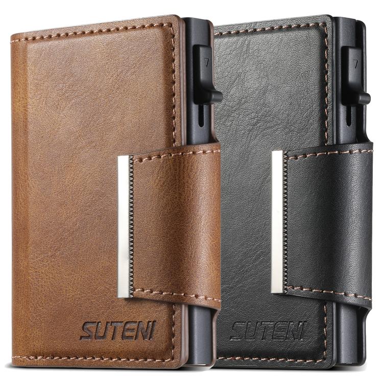 Suteni oil wax-patterned left and right buckle buttons automatically pop out the card box(Black) - Adhesive Card Holders by Suteni | Online Shopping UK | buy2fix