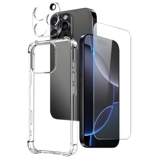For iPhone 16 Pro NORTHJO 3 in 1 TPU Airbag Shockproof Phone Case with Screen Protector Lens Film(Clear) - iPhone 16 Pro Cases by NORTHJO | Online Shopping UK | buy2fix