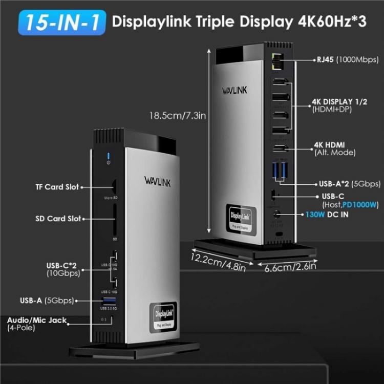 WAVLINK WL-UG69PD13Pro DisplayLink Docking Station 15 in 1 USB-C Hub for MacBook Laptop(EU Plug) -  by WAVLINK | Online Shopping UK | buy2fix