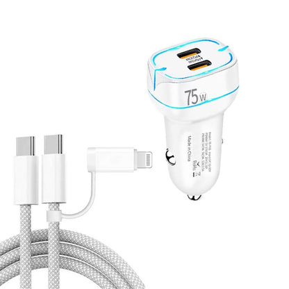 P65 75W Dual Port USB-C / Type-C Car Charger with Type-C to Type-C / 8 Pin Data Cable(White) - Car Charger by buy2fix | Online Shopping UK | buy2fix