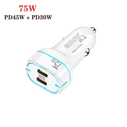 P65 75W Dual Port USB-C / Type-C Car Charger with Type-C to Type-C / 8 Pin Data Cable(White) - Car Charger by buy2fix | Online Shopping UK | buy2fix