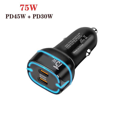 P65 75W Dual Port USB-C / Type-C Car Charger with Type-C to Type-C / 8 Pin Data Cable(Black) - Car Charger by buy2fix | Online Shopping UK | buy2fix