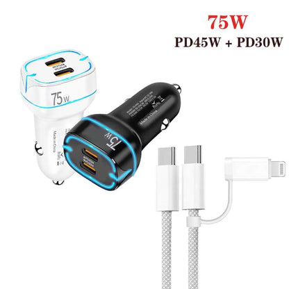 P65 75W Dual Port USB-C / Type-C Car Charger with Type-C to Type-C / 8 Pin Data Cable(White) - Car Charger by buy2fix | Online Shopping UK | buy2fix