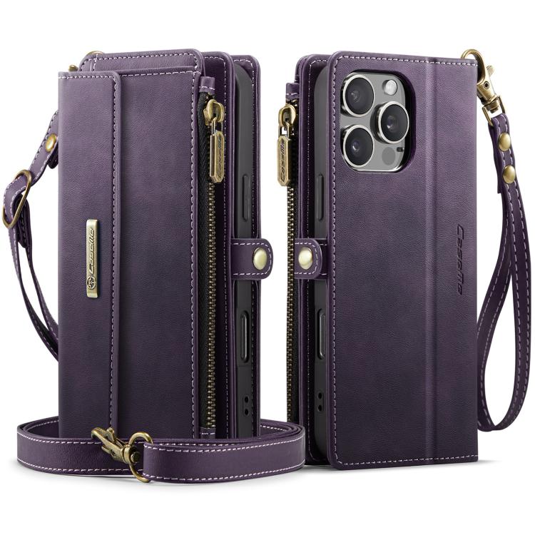 For iPhone 16 Pro CaseMe C39 RFID Blocking Zipper Wallet Leather Phone Case with Crossbody Strap(Purple) - iPhone 16 Pro Cases by CaseMe | Online Shopping UK | buy2fix