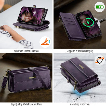 For iPhone 16 Pro CaseMe C39 RFID Blocking Zipper Wallet Leather Phone Case with Crossbody Strap(Purple) - iPhone 16 Pro Cases by CaseMe | Online Shopping UK | buy2fix
