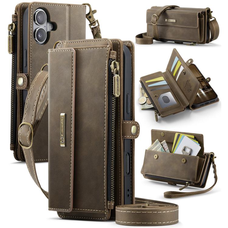 For iPhone 16 Plus CaseMe C39 RFID Blocking Zipper Wallet Leather Phone Case with Crossbody Strap(Coffee) - iPhone 16 Plus Cases by CaseMe | Online Shopping UK | buy2fix