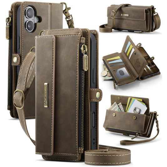 For iPhone 16 Plus CaseMe C39 RFID Blocking Zipper Wallet Leather Phone Case with Crossbody Strap(Coffee) - iPhone 16 Plus Cases by CaseMe | Online Shopping UK | buy2fix