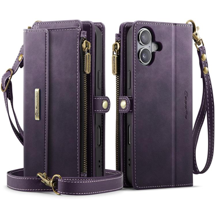 For iPhone 16 CaseMe C39 RFID Blocking Zipper Wallet Leather Phone Case with Crossbody Strap(Purple) - iPhone 16 Cases by CaseMe | Online Shopping UK | buy2fix