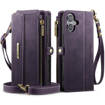 For iPhone 16 CaseMe C39 RFID Blocking Zipper Wallet Leather Phone Case with Crossbody Strap(Purple) - iPhone 16 Cases by CaseMe | Online Shopping UK | buy2fix