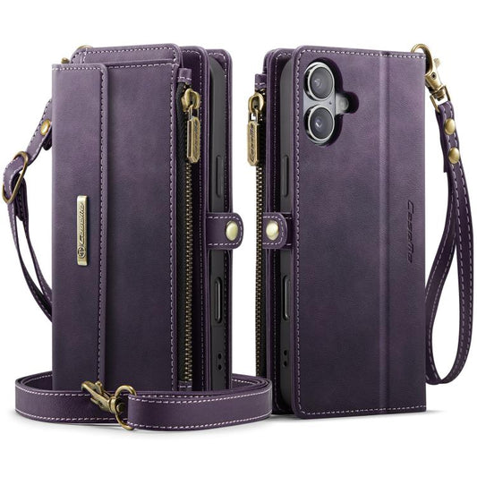 For iPhone 16 CaseMe C39 RFID Blocking Zipper Wallet Leather Phone Case with Crossbody Strap(Purple) - iPhone 16 Cases by CaseMe | Online Shopping UK | buy2fix