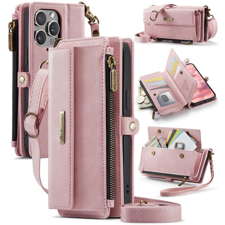 For iPhone 15 Pro Max CaseMe C39 RFID Blocking Zipper Wallet Leather Phone Case with Crossbody Strap(Pink) - iPhone 15 Pro Max Cases by CaseMe | Online Shopping UK | buy2fix
