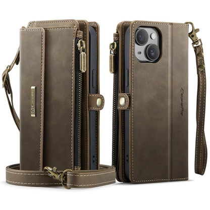 For iPhone 15 Plus CaseMe C39 RFID Blocking Zipper Wallet Leather Phone Case with Crossbody Strap(Coffee) - iPhone 15 Plus Cases by CaseMe | Online Shopping UK | buy2fix