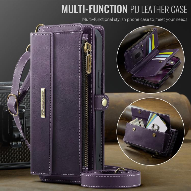 For iPhone 15 Plus CaseMe C39 RFID Blocking Zipper Wallet Leather Phone Case with Crossbody Strap(Purple) - iPhone 15 Plus Cases by CaseMe | Online Shopping UK | buy2fix