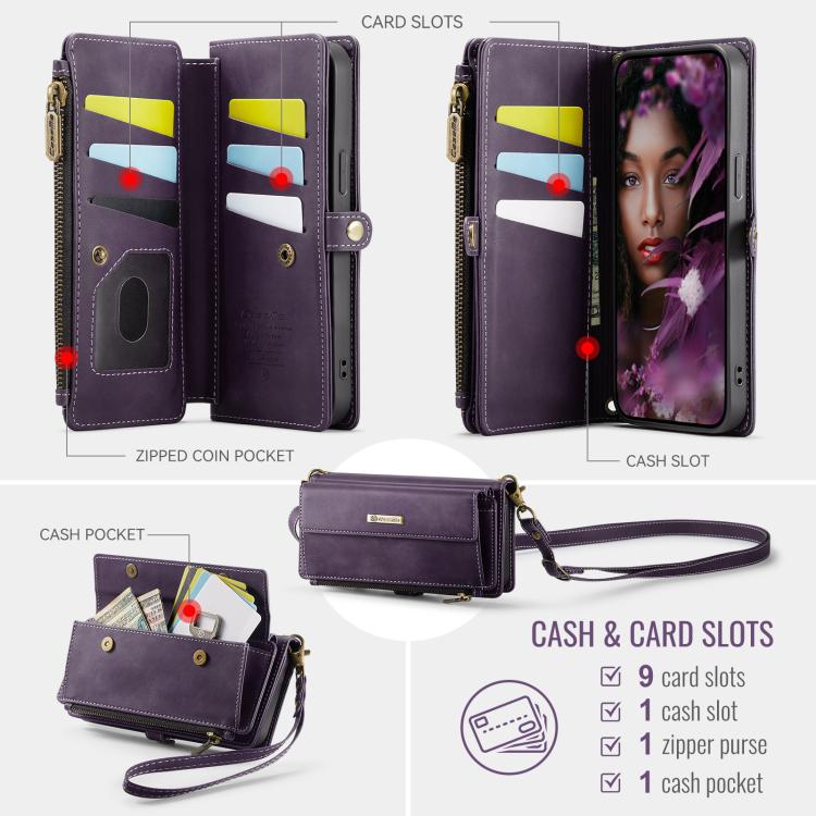 For iPhone 15 CaseMe C39 RFID Blocking Zipper Wallet Leather Phone Case with Crossbody Strap(Purple) - iPhone 15 Cases by CaseMe | Online Shopping UK | buy2fix