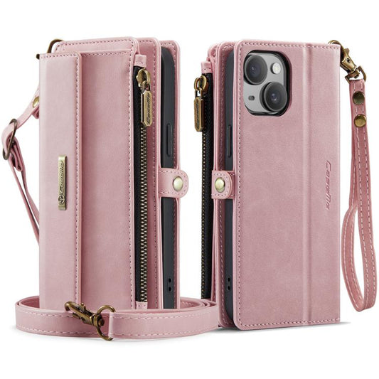 For iPhone 14 Plus CaseMe C39 RFID Blocking Zipper Wallet Leather Phone Case with Crossbody Strap(Pink) - iPhone 14 Plus Cases by CaseMe | Online Shopping UK | buy2fix