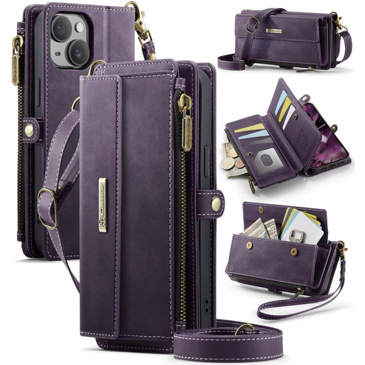 For iPhone 14 Plus CaseMe C39 RFID Blocking Zipper Wallet Leather Phone Case with Crossbody Strap(Purple) - iPhone 14 Plus Cases by CaseMe | Online Shopping UK | buy2fix