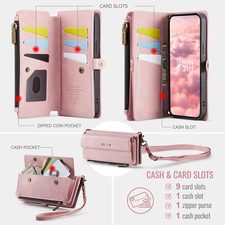 For iPhone 14 CaseMe C39 RFID Blocking Zipper Wallet Leather Phone Case with Crossbody Strap(Pink) - iPhone 14 Cases by CaseMe | Online Shopping UK | buy2fix