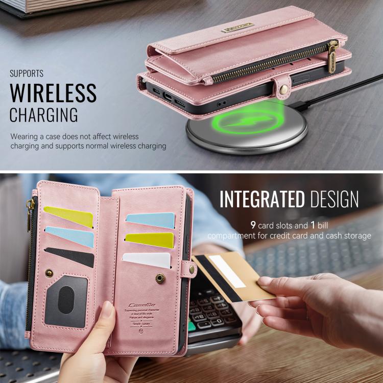 For iPhone 14 Pro CaseMe C39 RFID Blocking Zipper Wallet Leather Phone Case with Crossbody Strap(Pink) - More iPhone Cases by CaseMe | Online Shopping UK | buy2fix