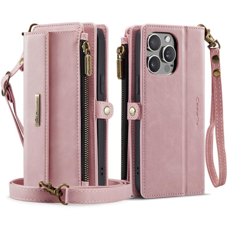 For iPhone 13 Pro Max CaseMe C39 RFID Blocking Zipper Wallet Leather Phone Case with Crossbody Strap(Pink) - iPhone 13 Pro Max Cases by CaseMe | Online Shopping UK | buy2fix