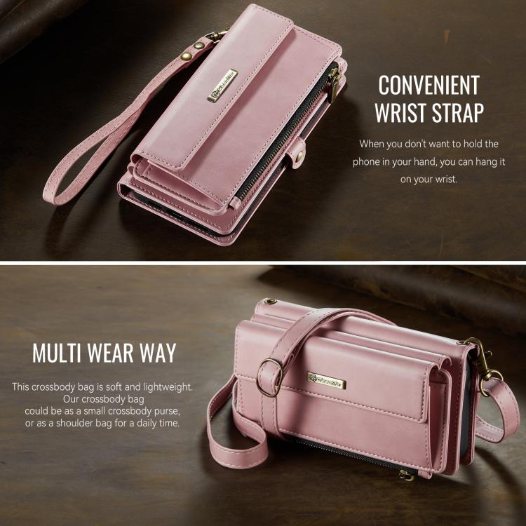 For iPhone 13 Pro Max CaseMe C39 RFID Blocking Zipper Wallet Leather Phone Case with Crossbody Strap(Pink) - iPhone 13 Pro Max Cases by CaseMe | Online Shopping UK | buy2fix