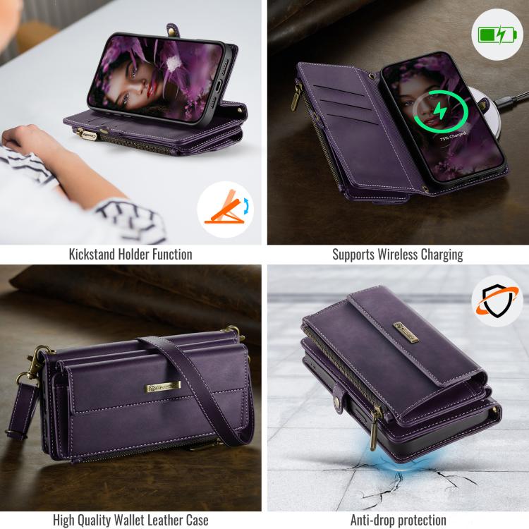 For iPhone 13 Pro CaseMe C39 RFID Blocking Zipper Wallet Leather Phone Case with Crossbody Strap(Purple) - iPhone 13 Pro Cases by CaseMe | Online Shopping UK | buy2fix