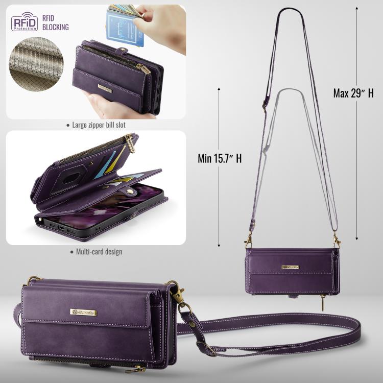 For iPhone 13 Pro CaseMe C39 RFID Blocking Zipper Wallet Leather Phone Case with Crossbody Strap(Purple) - iPhone 13 Pro Cases by CaseMe | Online Shopping UK | buy2fix