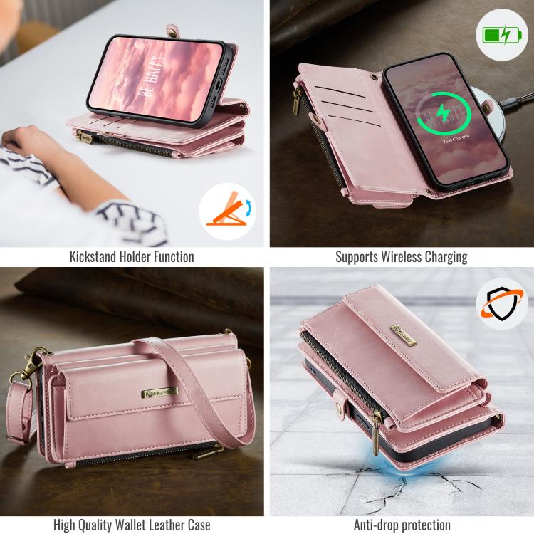 For iPhone 13 CaseMe C39 RFID Blocking Zipper Wallet Leather Phone Case with Crossbody Strap(Pink) - iPhone 13 Cases by CaseMe | Online Shopping UK | buy2fix