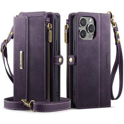 For iPhone 12 Pro Max CaseMe C39 RFID Blocking Zipper Wallet Leather Phone Case with Crossbody Strap(Purple) - iPhone 12 Pro Max Cases by CaseMe | Online Shopping UK | buy2fix
