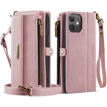 For iPhone 12 / 12 Pro CaseMe C39 RFID Blocking Zipper Wallet Leather Phone Case with Crossbody Strap(Pink) - iPhone 12 / 12 Pro Cases by CaseMe | Online Shopping UK | buy2fix