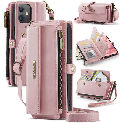 For iPhone 12 / 12 Pro CaseMe C39 RFID Blocking Zipper Wallet Leather Phone Case with Crossbody Strap(Pink) - iPhone 12 / 12 Pro Cases by CaseMe | Online Shopping UK | buy2fix