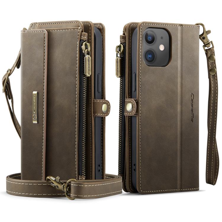 For iPhone 12 mini CaseMe C39 RFID Blocking Zipper Wallet Leather Phone Case with Crossbody Strap(Coffee) - iPhone 12 mini Cases by CaseMe | Online Shopping UK | buy2fix