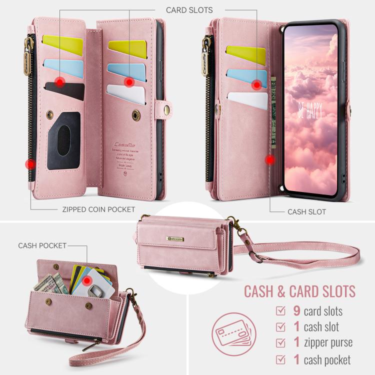 For iPhone 11 Pro Max CaseMe C39 RFID Blocking Zipper Wallet Leather Phone Case with Crossbody Strap(Pink) - iPhone 11 Pro Max Cases by CaseMe | Online Shopping UK | buy2fix