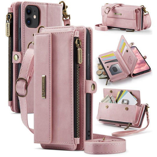 For iPhone 11 CaseMe C39 RFID Blocking Zipper Wallet Leather Phone Case with Crossbody Strap(Pink) - iPhone 11 Cases by CaseMe | Online Shopping UK | buy2fix