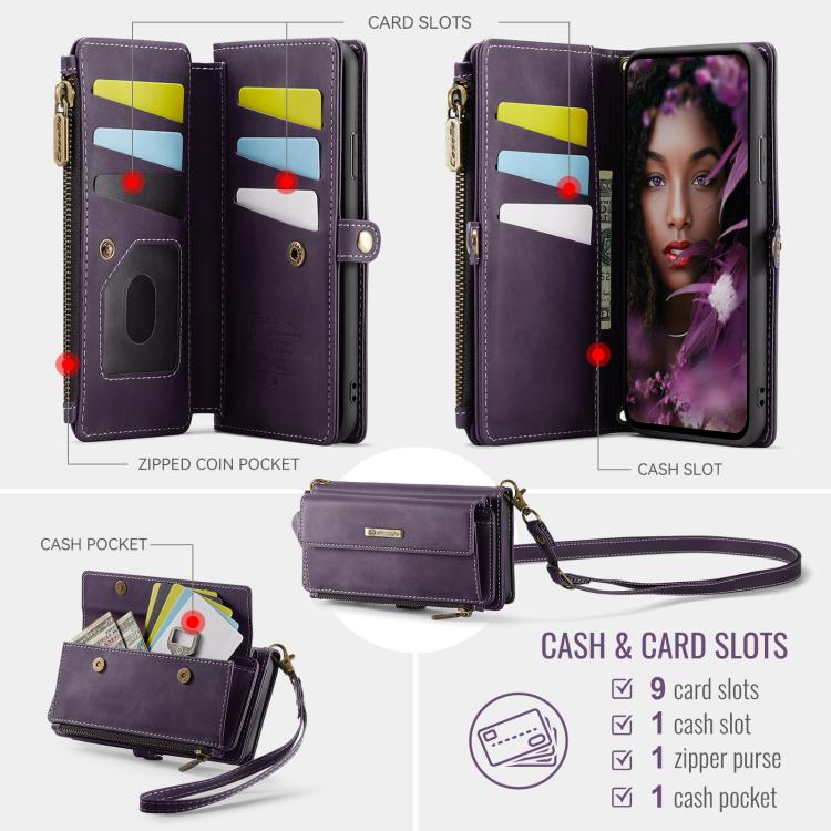For iPhone 11 CaseMe C39 RFID Blocking Zipper Wallet Leather Phone Case with Crossbody Strap(Purple) - iPhone 11 Cases by CaseMe | Online Shopping UK | buy2fix