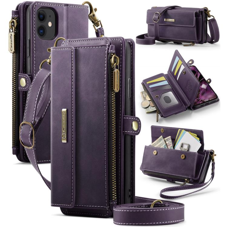 For iPhone 11 CaseMe C39 RFID Blocking Zipper Wallet Leather Phone Case with Crossbody Strap(Purple) - iPhone 11 Cases by CaseMe | Online Shopping UK | buy2fix