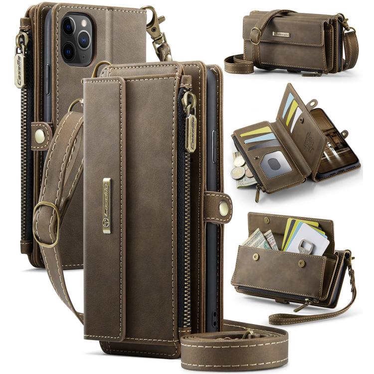 For iPhone 11 Pro CaseMe C39 RFID Blocking Zipper Wallet Leather Phone Case with Crossbody Strap(Coffee) - iPhone 11 Pro Cases by CaseMe | Online Shopping UK | buy2fix