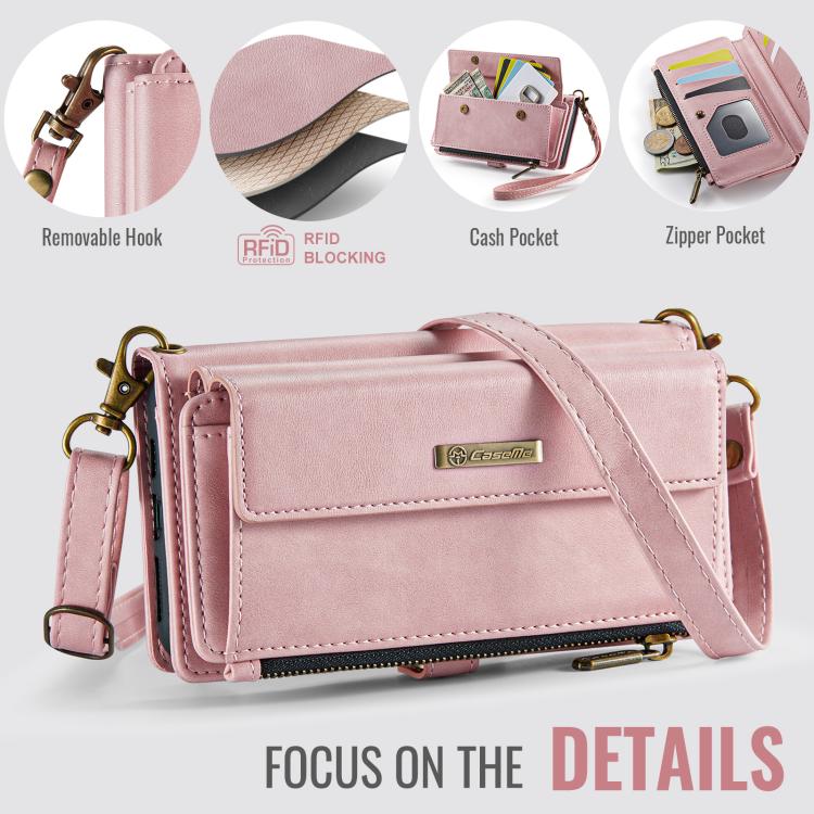 For iPhone 11 Pro CaseMe C39 RFID Blocking Zipper Wallet Leather Phone Case with Crossbody Strap(Pink) - iPhone 11 Pro Cases by CaseMe | Online Shopping UK | buy2fix