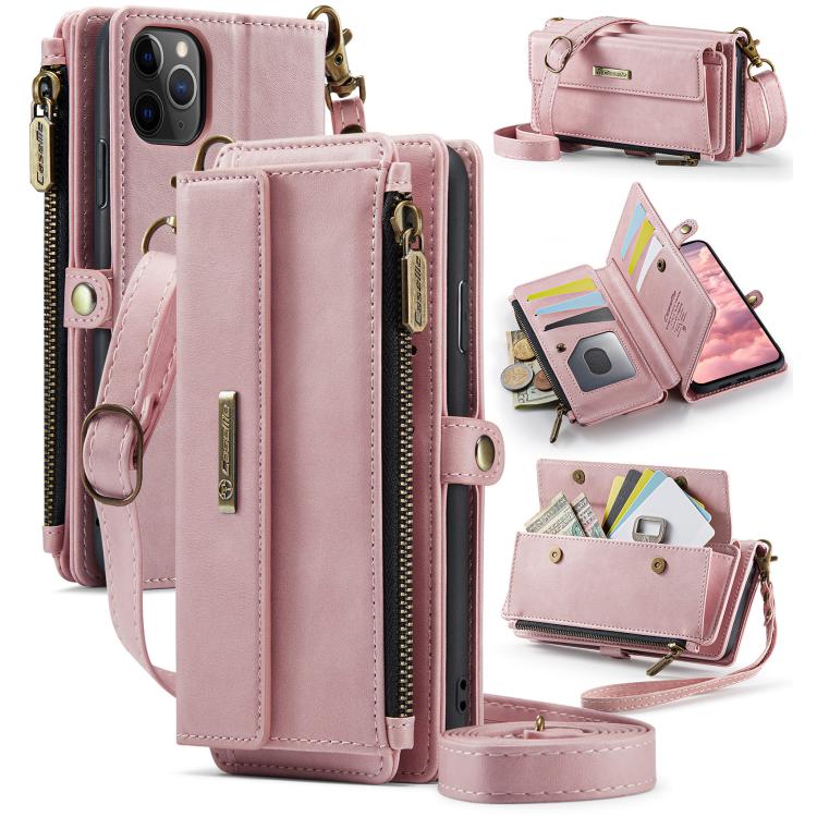 For iPhone 11 Pro CaseMe C39 RFID Blocking Zipper Wallet Leather Phone Case with Crossbody Strap(Pink) - iPhone 11 Pro Cases by CaseMe | Online Shopping UK | buy2fix