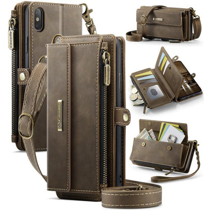 For iPhone X / XS CaseMe C39 RFID Blocking Zipper Wallet Leather Phone Case with Crossbody Strap(Coffee) - More iPhone Cases by CaseMe | Online Shopping UK | buy2fix