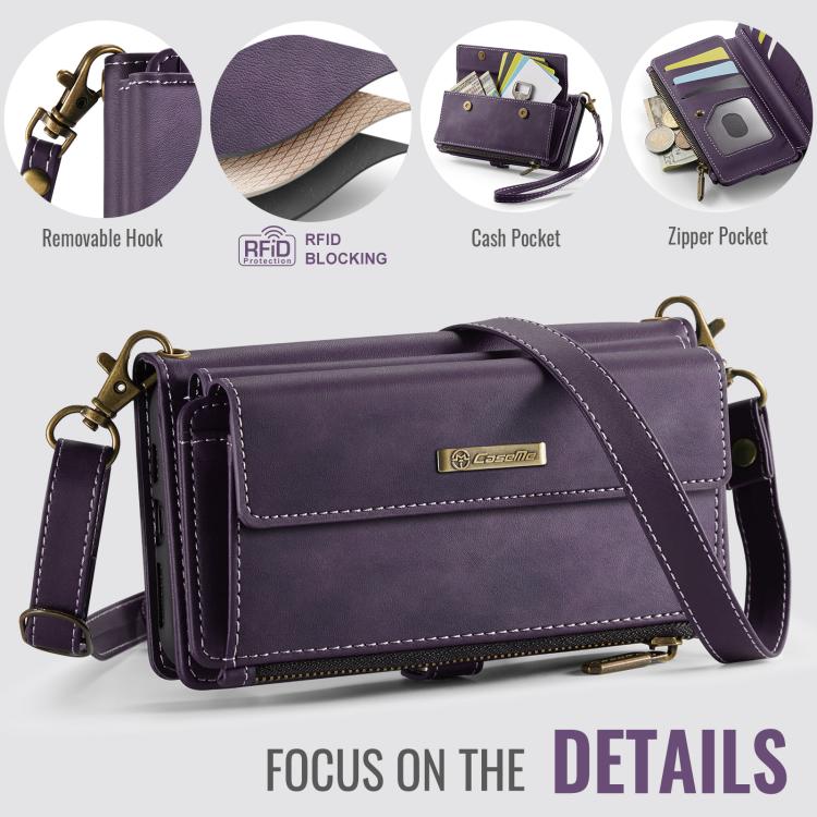 For iPhone XS Max CaseMe C39 RFID Blocking Zipper Wallet Leather Phone Case with Crossbody Strap(Purple) - More iPhone Cases by CaseMe | Online Shopping UK | buy2fix