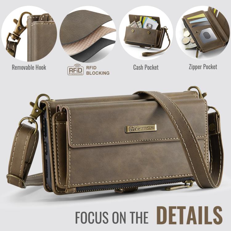 For iPhone 7 Plus / 8 Plus CaseMe C39 RFID Blocking Zipper Wallet Leather Phone Case with Crossbody Strap(Coffee) - More iPhone Cases by CaseMe | Online Shopping UK | buy2fix