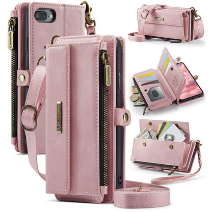 For iPhone 7 Plus / 8 Plus CaseMe C39 RFID Blocking Zipper Wallet Leather Phone Case with Crossbody Strap(Pink) - More iPhone Cases by CaseMe | Online Shopping UK | buy2fix