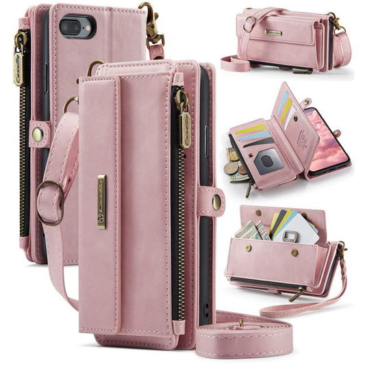 For iPhone 7 Plus / 8 Plus CaseMe C39 RFID Blocking Zipper Wallet Leather Phone Case with Crossbody Strap(Pink) - More iPhone Cases by CaseMe | Online Shopping UK | buy2fix